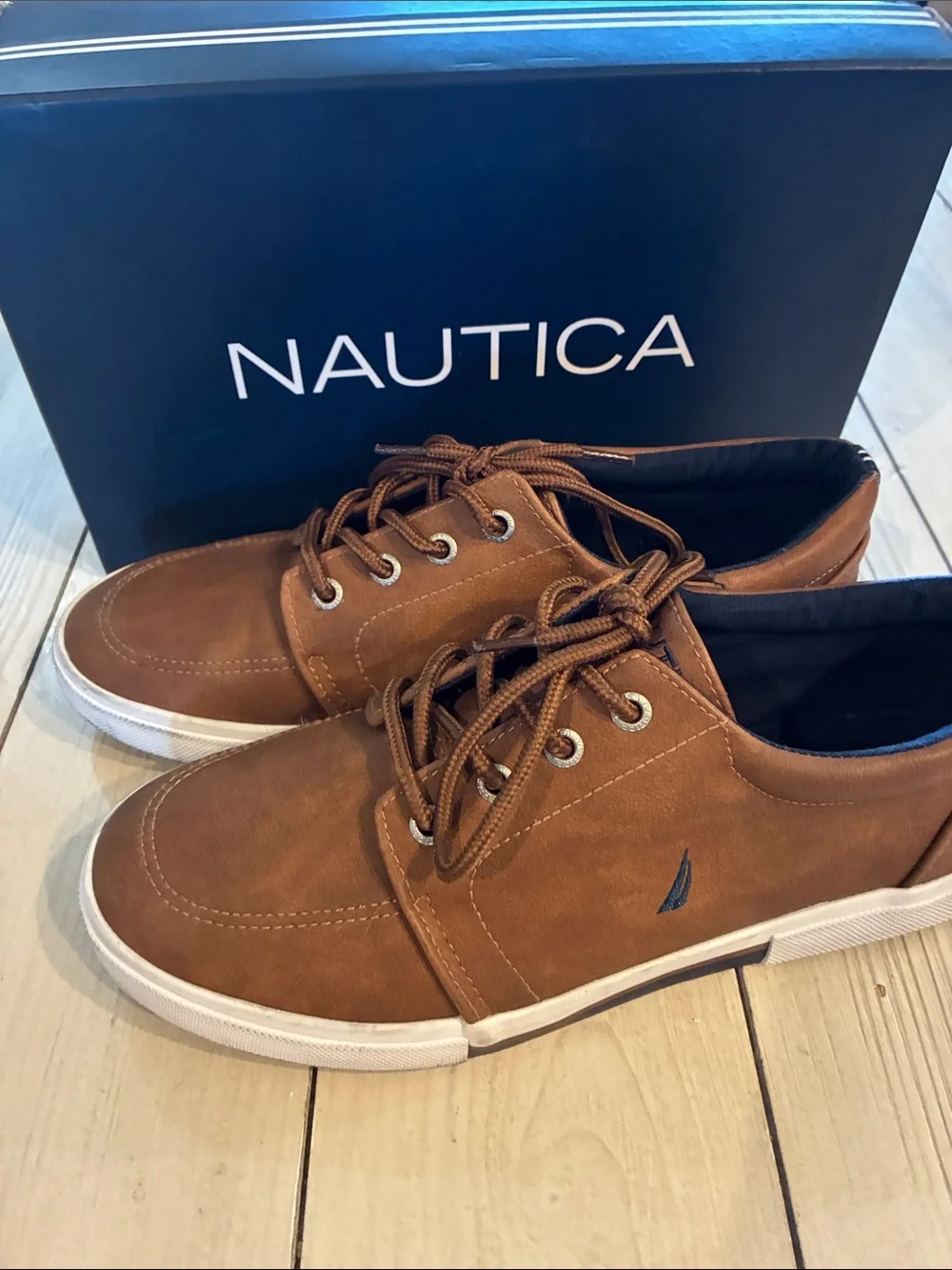 Nautica Boys Tan/Brown Leather-Look Boat Shoes